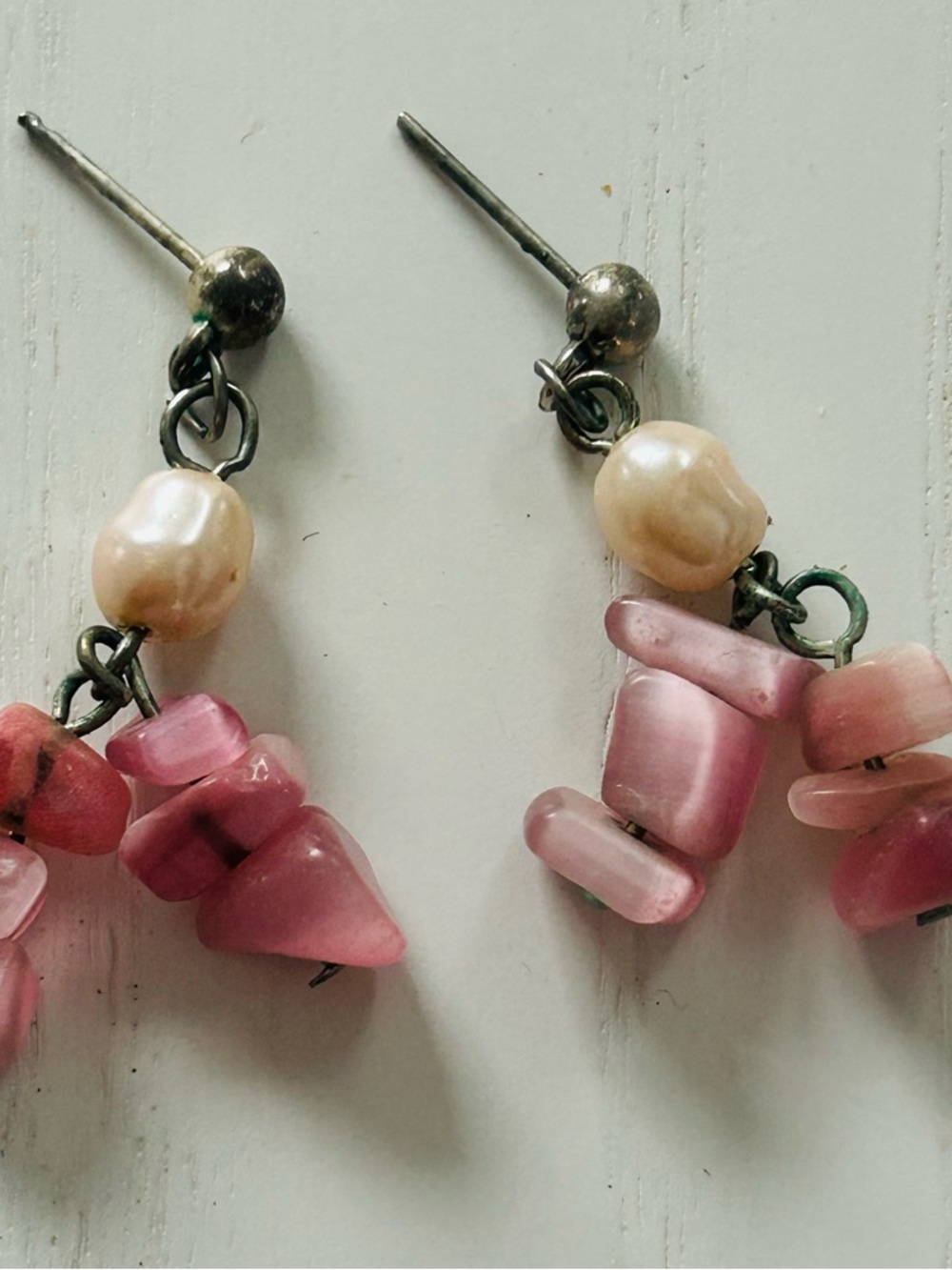 White Pearl Drop Earrings with Pink Stones - Women Jewelry